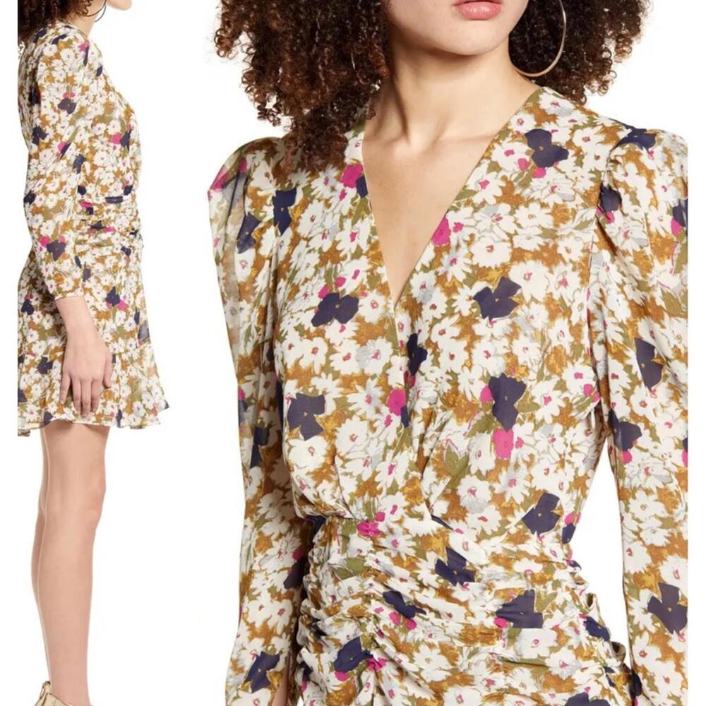 ASTR Olive Floral Ruched Mini Dress Surplice Neck Size S NWT - Picture 3 of 15